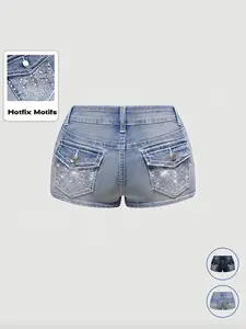 Women's Y2K Butterfly Embroidered Embroidery Rhinestone Low Waist Stretch Denim Bottom Shorts, Light Wash, Fashionable Trend and Comfortable, Perfect for Casual Wear, Womenswear