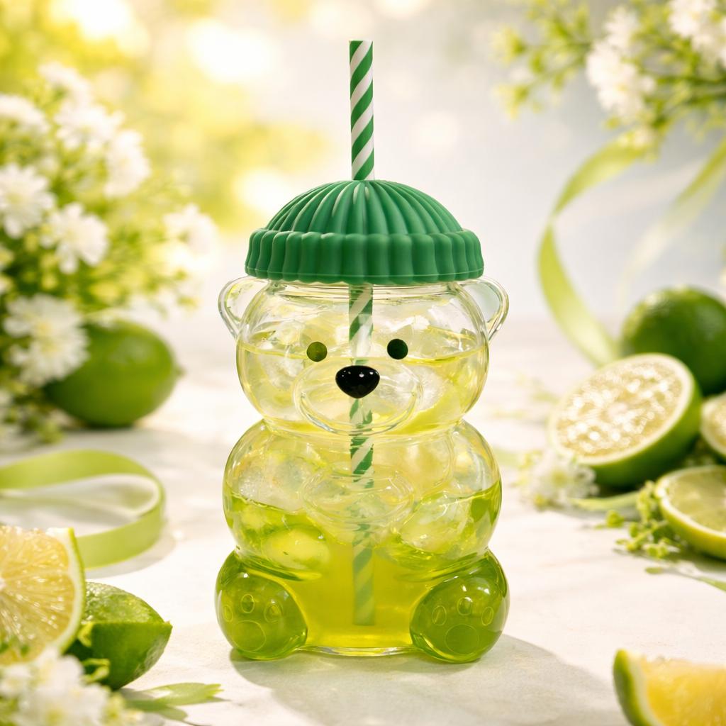 Summer Vibe Check!  Aesthetic Green Bear Glass with Hat & Straw | Cutest 20oz Iced Coffee Cup for Sunny Days, Picnics & Matcha Lovers,teen girl gifts