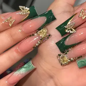 24pcs Long Square Y2K Luxury Nail Tips, Nude Emerald French Tip False Nails, 3D Gold Butterfly, Rhinestones, Marble Pattern, Party Wear, Rhinestone Nail Charms, Decorative Nails, Nail Extension Art