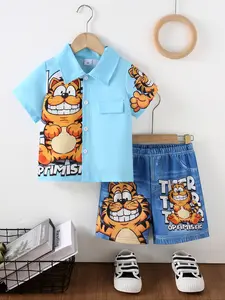 Summer Two-Piece Set for Young Boys, Cartoon Tiger Print Button-Up Shirt & Comfortable Denim-Like Shorts, Stylish Kids'
