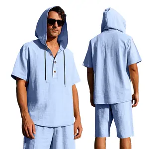Men's Summer Linen Hooded Henley Shirt and Shorts Set, Casual Two-Piece Outfit, Lightweight Breathable Relaxed Fit, Stylish Comfortable Beach Vacation Daily Wear Loungewear for Men