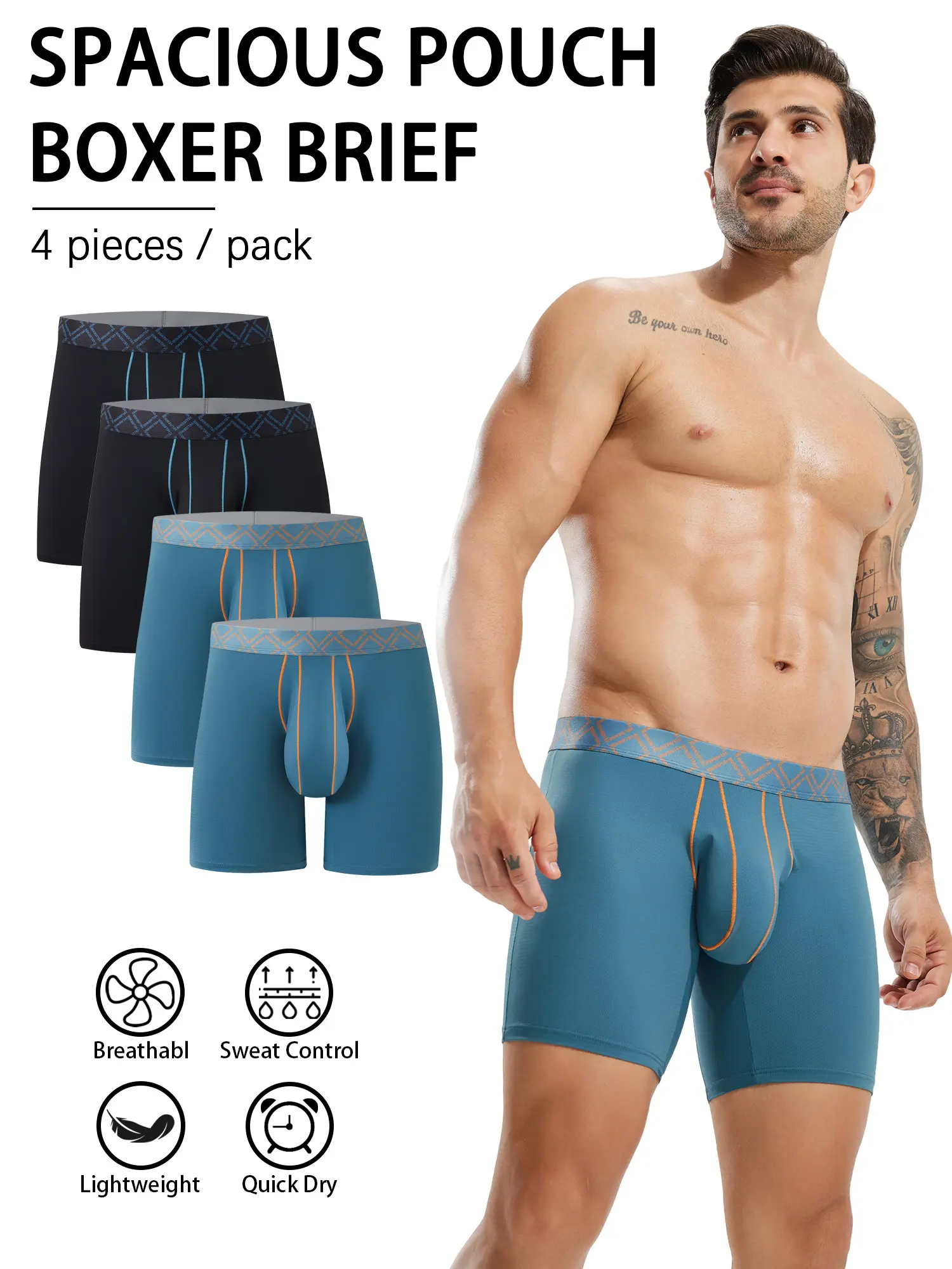 Men's Bulge Spacious Pouch Boxer Brief Underwear 4 Pack,8" Inseam,Breathable, Moisture-Wicking Fabric