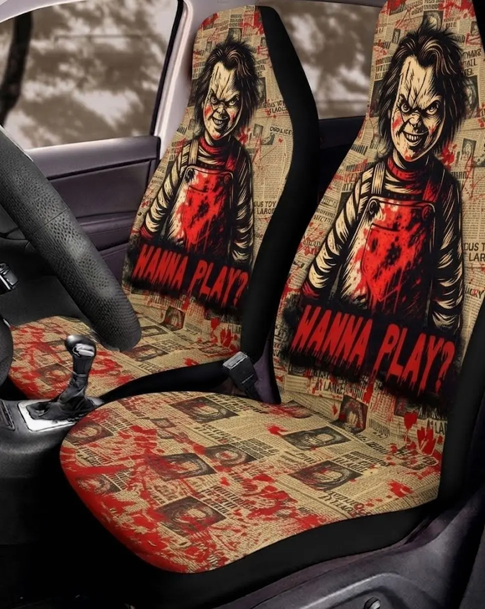 Chucky Wanna Play Car Seat Covers, Horror Killer Doll Auto Accessories, Halloween Front Seat Protectors, Universal Fit Car Interior