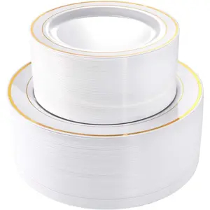 I00000 102 Pieces Gold Plastic Plates, Disposable Party Plates White Gold Rim, 51 Disposable Gold Dinner Plates 10.25 Inch and 51 Disposable Dessert Appetizer Elegant Fancy Wedding Plates 7.5 Inch