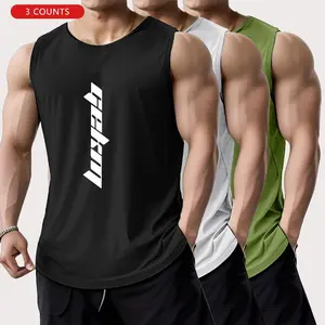 3-pack men’s fitness casual sports tank tops, lightweight sleeveless training T-shirts for summer, suitable for outdoor running, mesh breathable polyester fabric with letter print, American basketball jersey style, casual beach tank tops