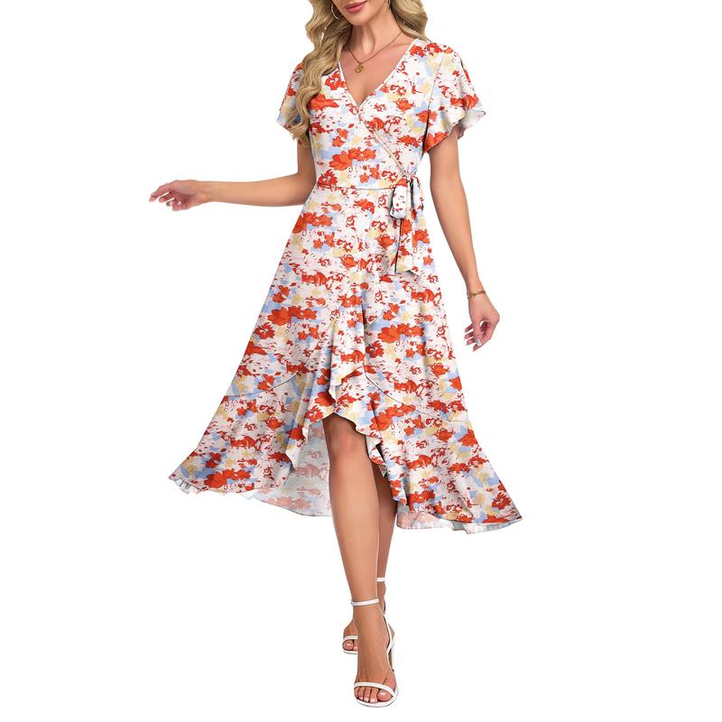 AUSELILY Women Summer Midi Dresses Wrap Short Flutter Sleeve V Neck Boho Slit Flowy Ruffle Dress Wedding Guest Dresses