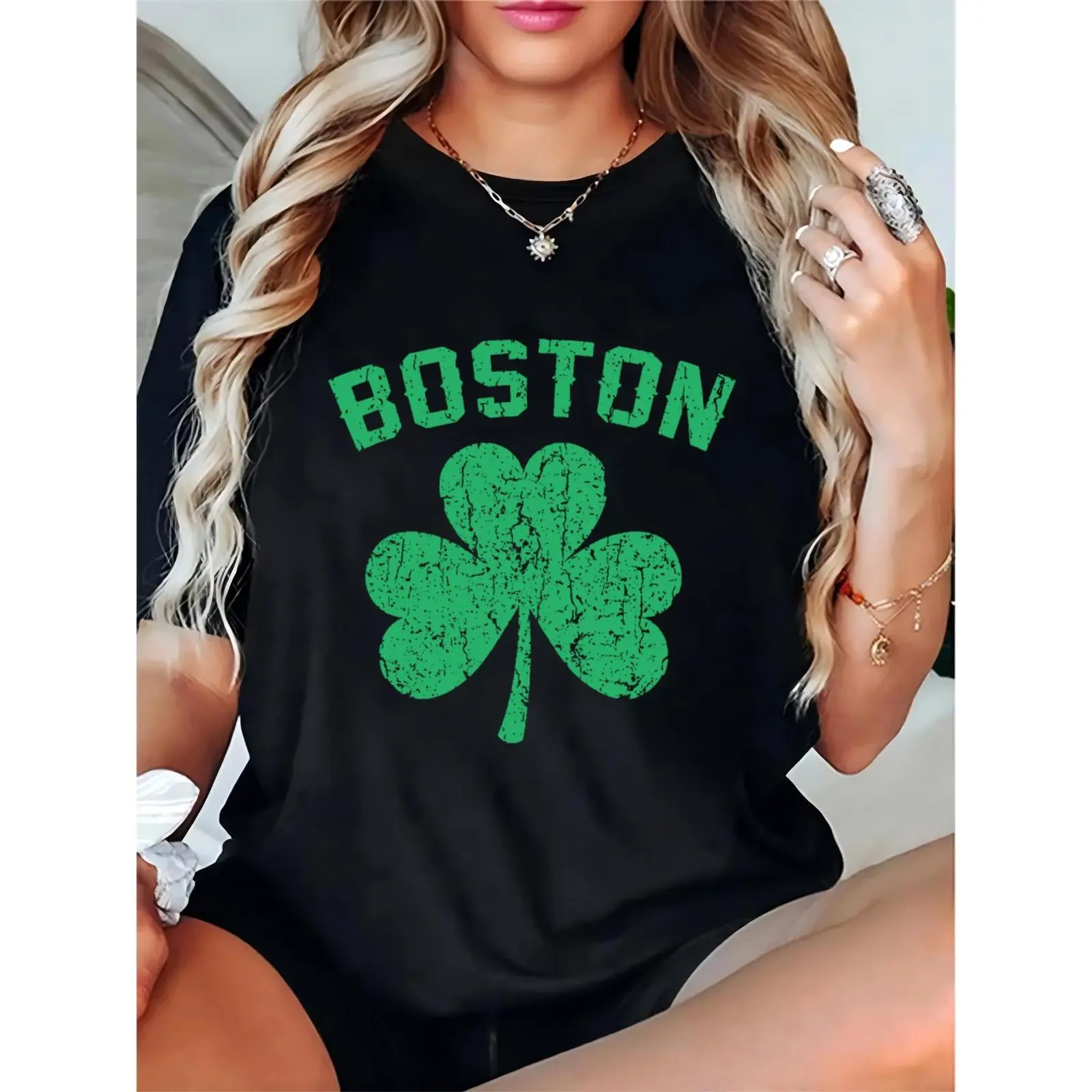 Women's Boston Shamrock Vintage Distressed T - Shirt St. Patrick's Day Casual Party Daily Wear Fashion Top for Ladies, Prints, Basic, Comfortable, Shortsleeve, Elegant, Feminine, Cotton, Essential, Fit, Lady, Round Neck, Simple, Tee