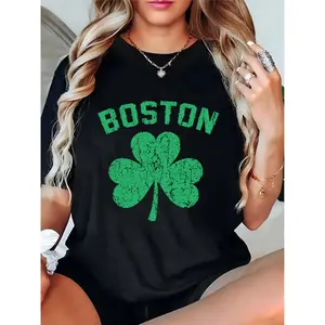 Women's Boston Shamrock Vintage Distressed T - Shirt St. Patrick's Day Casual Party Daily Wear Fashion Top for Ladies