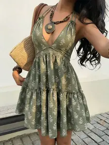 Women's Halter Deep V Neck Floral Print Tiered Ruffled Mini Dress, Green White Sleeveless Tie Back Ruffle Hem A Line Short Dress, Boho Casual Outfit for Vacation, Beach, Brunch, Date, Travel, Trendy Summer Streetwear for Ladies