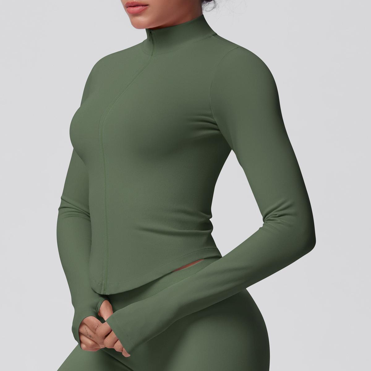 Women's Ribbed Cropped Yoga Jacket, Breathable Long Sleeve Zip-Up Compression Activewear with Thumb Holes for Gym & Running, Plus Size, Female, Large, Normal Type, Thumbhole Cuff, Tight, Slim-Fitting, Stretchable, Thumbholes, Slim Fit, Stretch Fabric