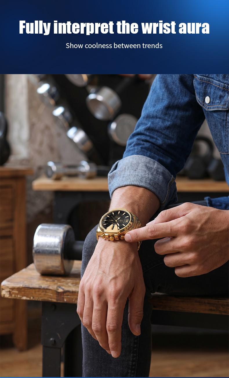 Swiss Quality Luxury Chronograph Watch for Men - Gold Tone Sport Wristwatch with Black Dial, Luminous Hands & Date Window