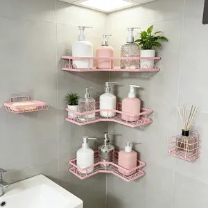 Pink Bathroom Accessories 5-Pack Stainless Steel Rust-Proof Waterproof Shower Rack No Drilling Required Stick-On Storage with Toothbrush Soap Holder Large Capacity Minimalist Design Hollow Round Design no-drill bathroom shelf pink Set