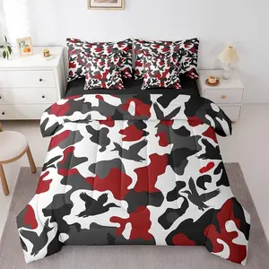 Duck Hunter 7 Piece Comforter Set,Camo Bedding,Army Camouflage Hunting Bed in A Bag,Vintage Red Black Room Decor Wild Animal Duck Rustic Bed Set