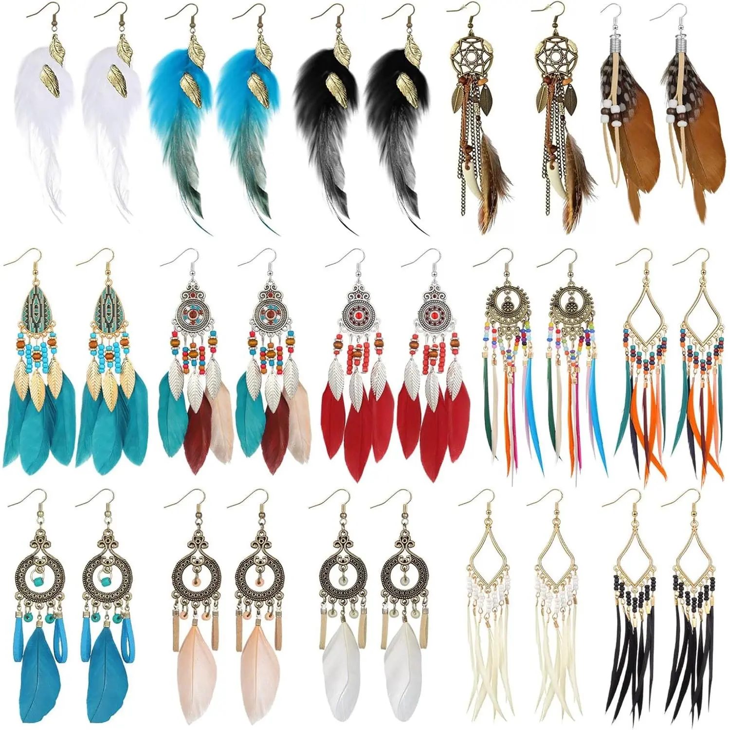 16 Pairs Earrings Set for Women, Bohemian Long Feather Tassel & Beaded Drop Dangles, Vintage Western Style with Unique Dream Catcher Designs, American Indian Theme, Bulk Earrings