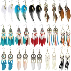 16 Pairs Feather Earrings for Women Dream Catcher Earrings Bohemian Feather Tassel Drop Dangle Colored Beads Faux Pendants Western Vintage Ear Pendants Set