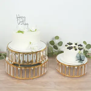 Set of 3 Crystal Pendant Gold Metal Cake Stands, Stackable Round Dessert Display Trays with Mirror Top - 9",11",12"