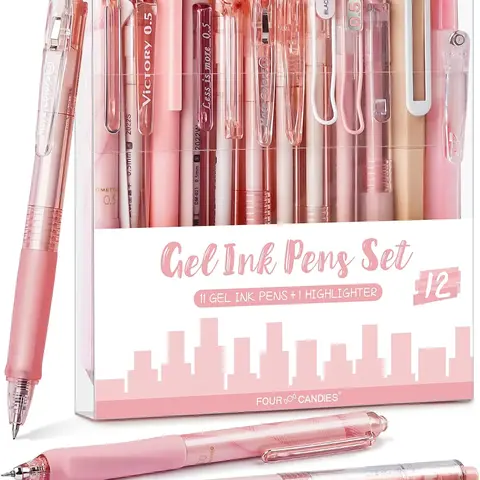 12Pack Pastel Gel Ink Pen Set, Cute Note Taking 0.5mm Fine Point Retractable 11 Pack Black Ink Pens with 1Pack Highlighter for Writing, School, Office