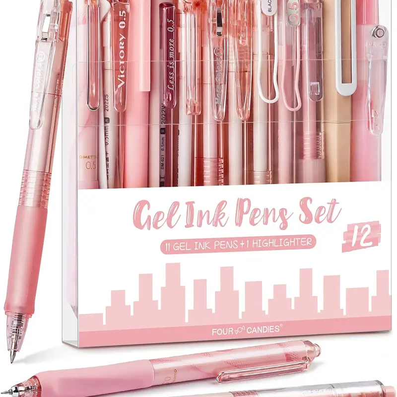 12Pack Pastel Gel Ink Pen Set, Cute Note Taking 0.5mm Fine Point Retractable 11 Pack Black Ink Pens with 1Pack Highlighter for Writing, School, Office