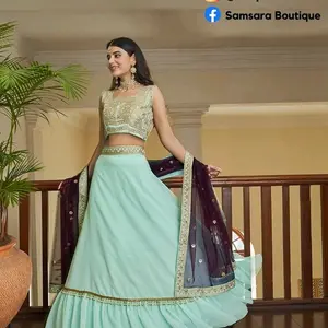 kantha Aqua Green sleeveless Lehenga choli