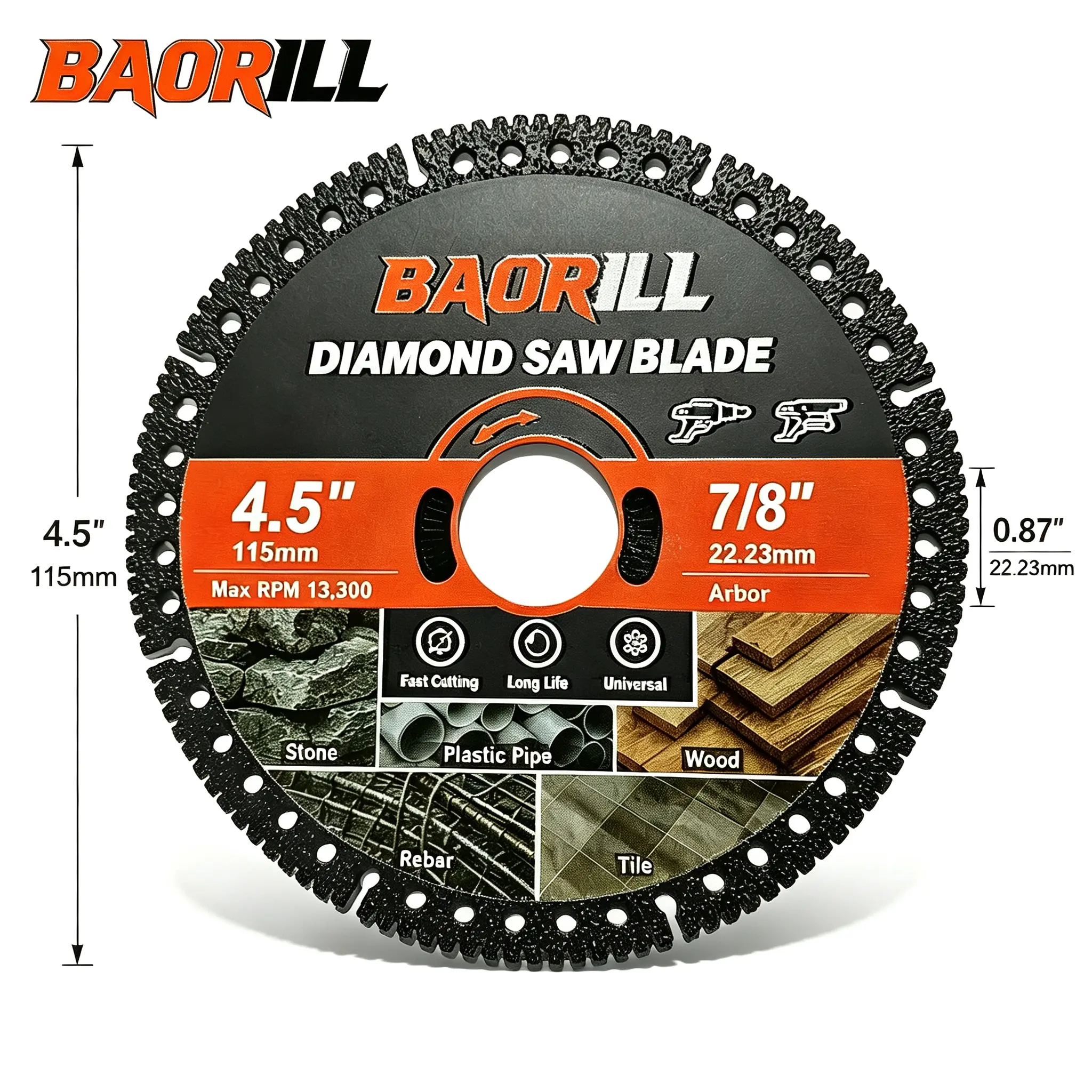 BAORILL Clean Cutting Diamond Circular Saw Blade - 4.5 inches (115mm), 7/8 inch Arbor Mount, 13 Teeth, 300 RPM, Bold Industrial Design, Fast-Cutting Disc for Angle Grinder, Bathroom Renovation (Stone, Metal Use), Kitchen Renovation
