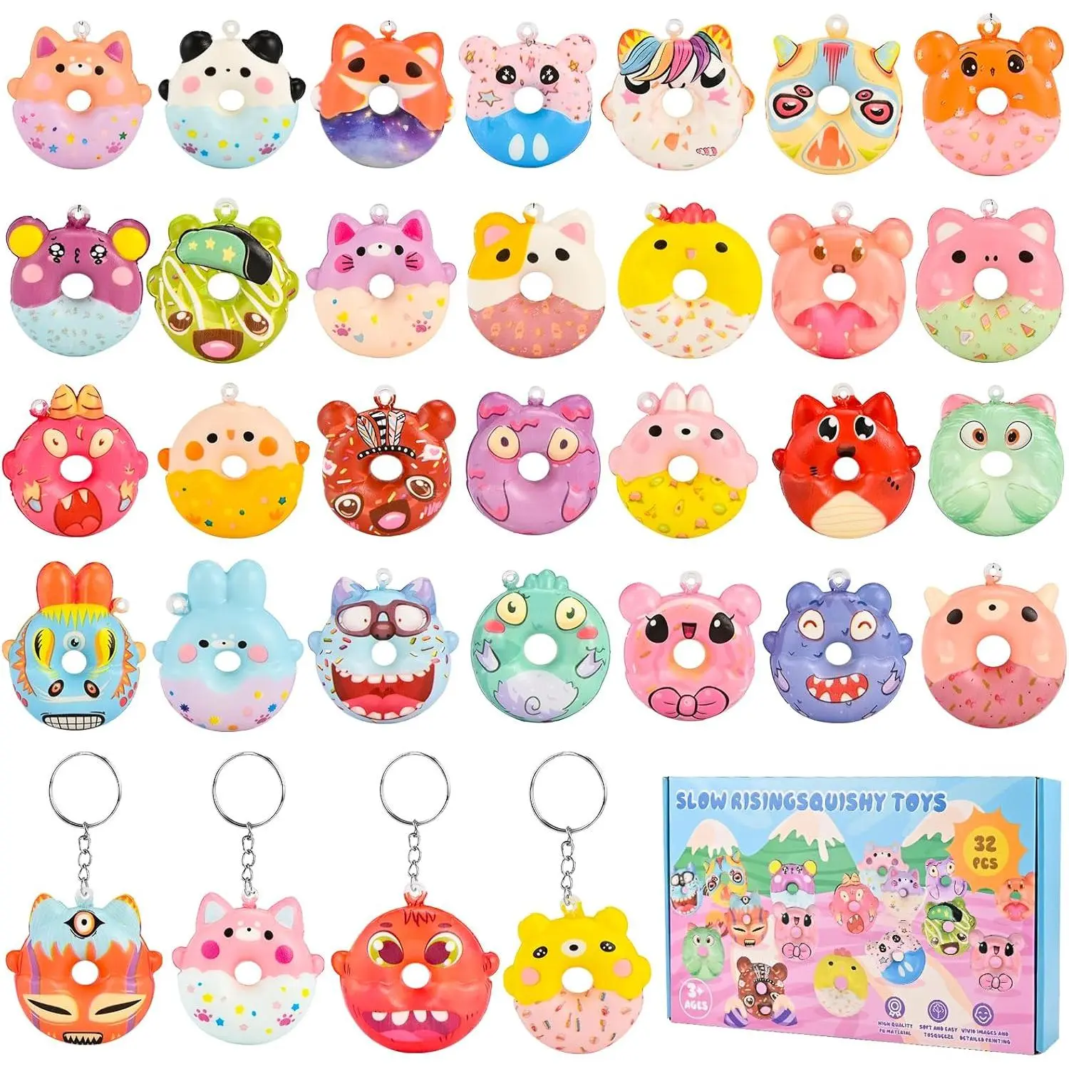 Assorted 32 Pack Squishy Donut Keychains (Not Attached) - Colorful and Fun Party Favors, Goodie Bag & Pinata Stuffers, Classroom & Carnival Prizes, Treasure Box Toys for Boys and Girls
