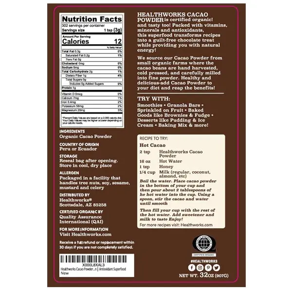 Healthworks Superfoods Organic Cacao Powder - 32 Oz  2 Lbs - Cocoa Chocolate Substitute - Rich Chocolate Flavour - Sugar-Free, Keto, Vegan & Non-GMO - Peruvian BeanNut Origin - Antioxidant Superfood