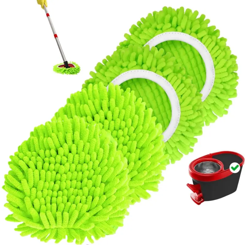 4-Pack Large Chenille Reusable Mop Head Replacements - Fitted for O-Cedar Easy Wring 1 Tank Rotating Spin Mops, No Bucket/Handle, Elastic Band, Machine Washable, Absorbs Fast, Quick-Dry, Cost-Saving Green Floor Cleaning Refills Great for Glass and Walls