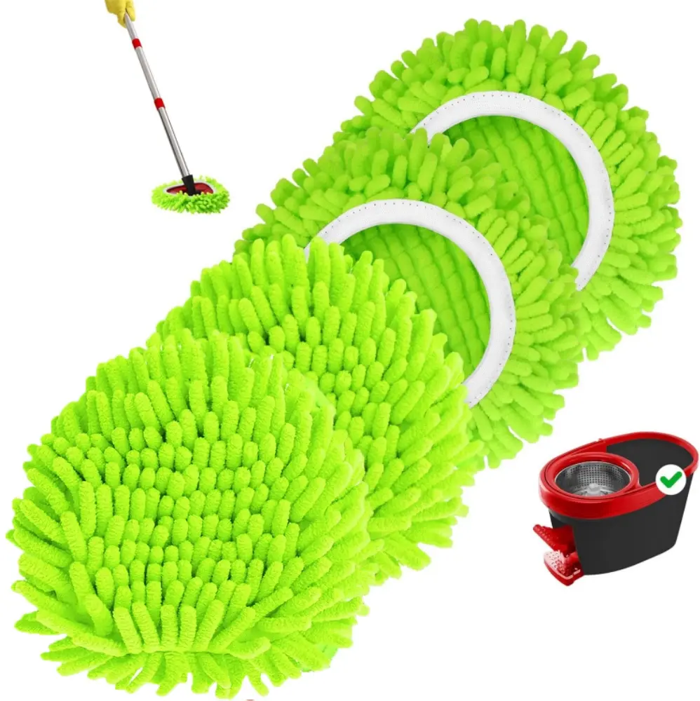 4-Pack Chenille Mop Head Replacements (No Bucket/Handle) - Fitting O-Cedar Easy Wring 1 Tank System, Elastic Band, Machine Washable, Quick-Dry Chenille Keeps Head Ready, Washable Pads Cut Long-Term Costs, Reusable Green Floor Cleaning Refills, Easy Moppin