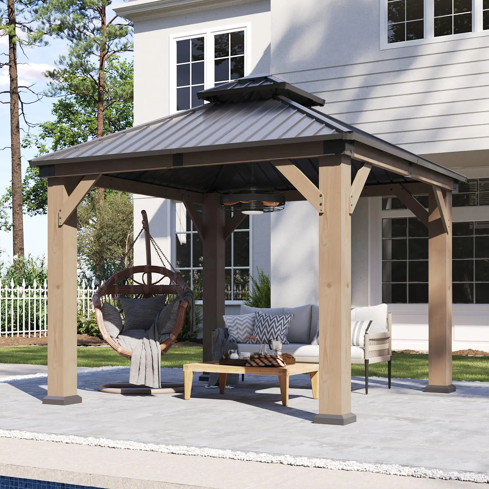 Aoxun 10'x12' Cedar Wood Gazebo with Double Galvanized Steel Roof, Gray Outdoor Hardtop Wooden Pavilion with Reinforced Beams & Ceiling Hooks, All Weather Patio Shelter for Backyard