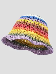 Foldable Floppy Straw Bucket Hat Handmade Floral Beach Travel Hat for Women