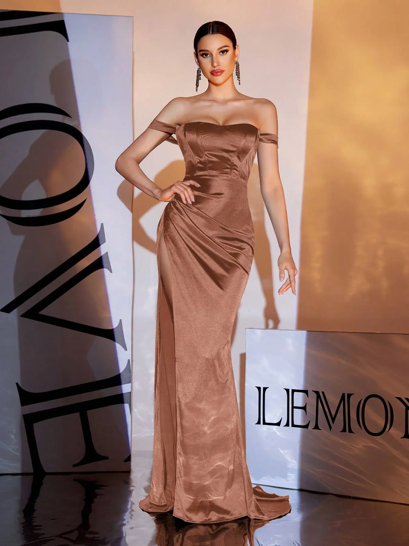 Elegant One-Shoulder Strapless Dress, Side Ruched High Slit Mermaid Floor-Length Gown, Formal Evening Party Dress, Womenswear