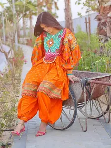 Citrus Traditional Stylish Orange Cotton Kurta with Lace Embellishment & Majestic Puffy Sleeves for All Seasons