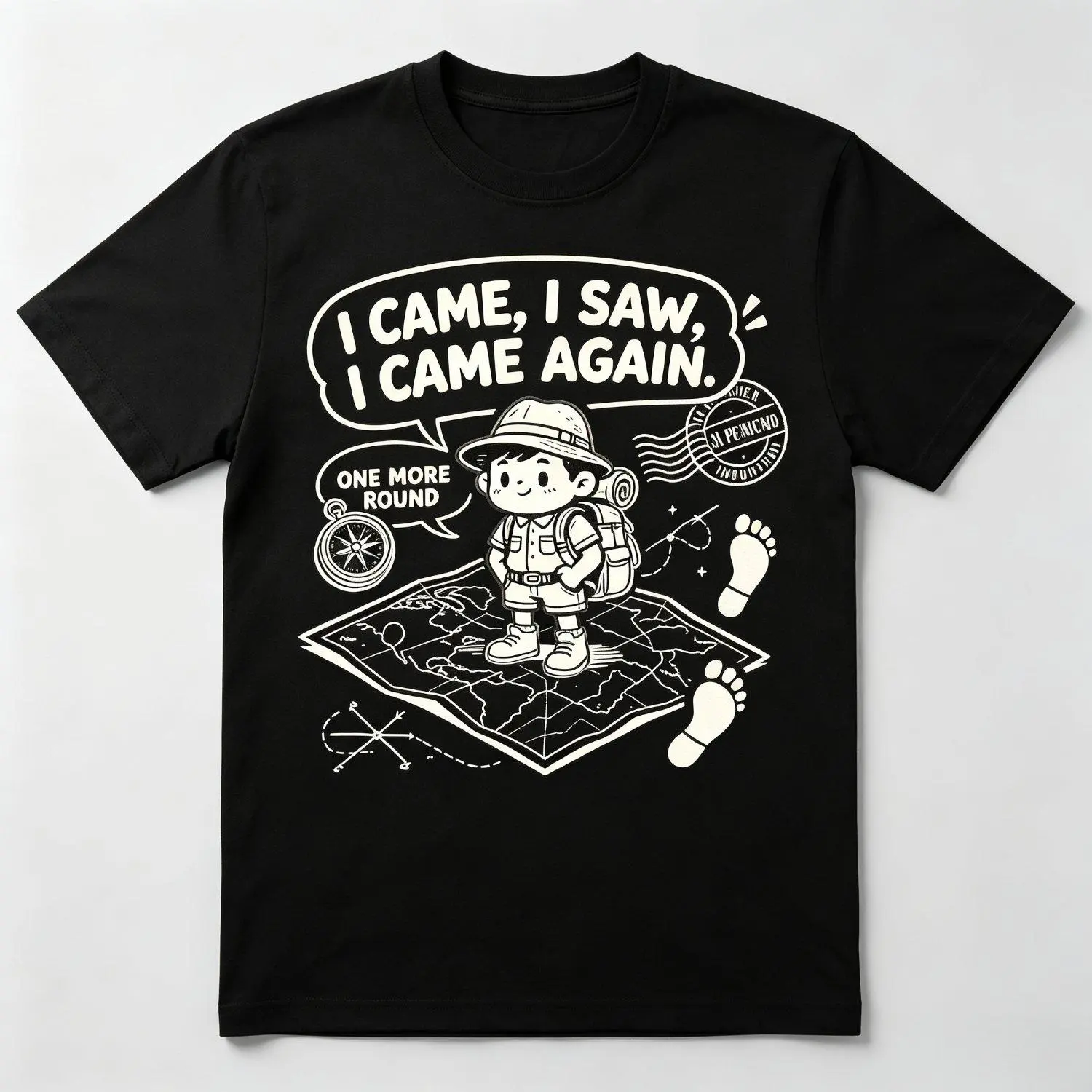 Funny Hiking T‑Shirt I Came I Saw I Came Again Retro Cartoon Backpacker Graphic Tee Casual Outdoor Apparel