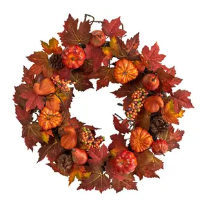 Nearly Natural 24" Maple Leaf Wreath w/Pumpkin,Berries