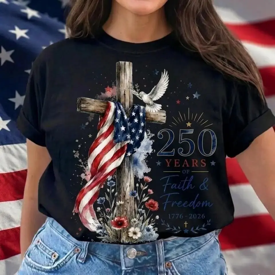 Women's Tshirt - Americas 250th Birthday Cross Graphic, 1776-2026 Faith & Freedom, Patriotic Christian 4th of July Womenswear Top, Proud American Gift shirts women,Casual