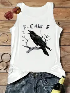 Women's Summer Casual Loose-Fit Vest, Raven Letter Print, Soft Comfortable Home Essential, Thin Kint Fabric, Perfect for Leisure Wear