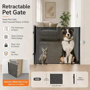 Heavy-Duty Retractable Pet Gate with Door - Drill-Free Installation, Foldable Design with Locking Mechanism, Suitable for Great Danes, Australian Shepherds and Kittens, Durable Fabric Construction, Ideal for Indoor/Outdoor(Model: DM415)