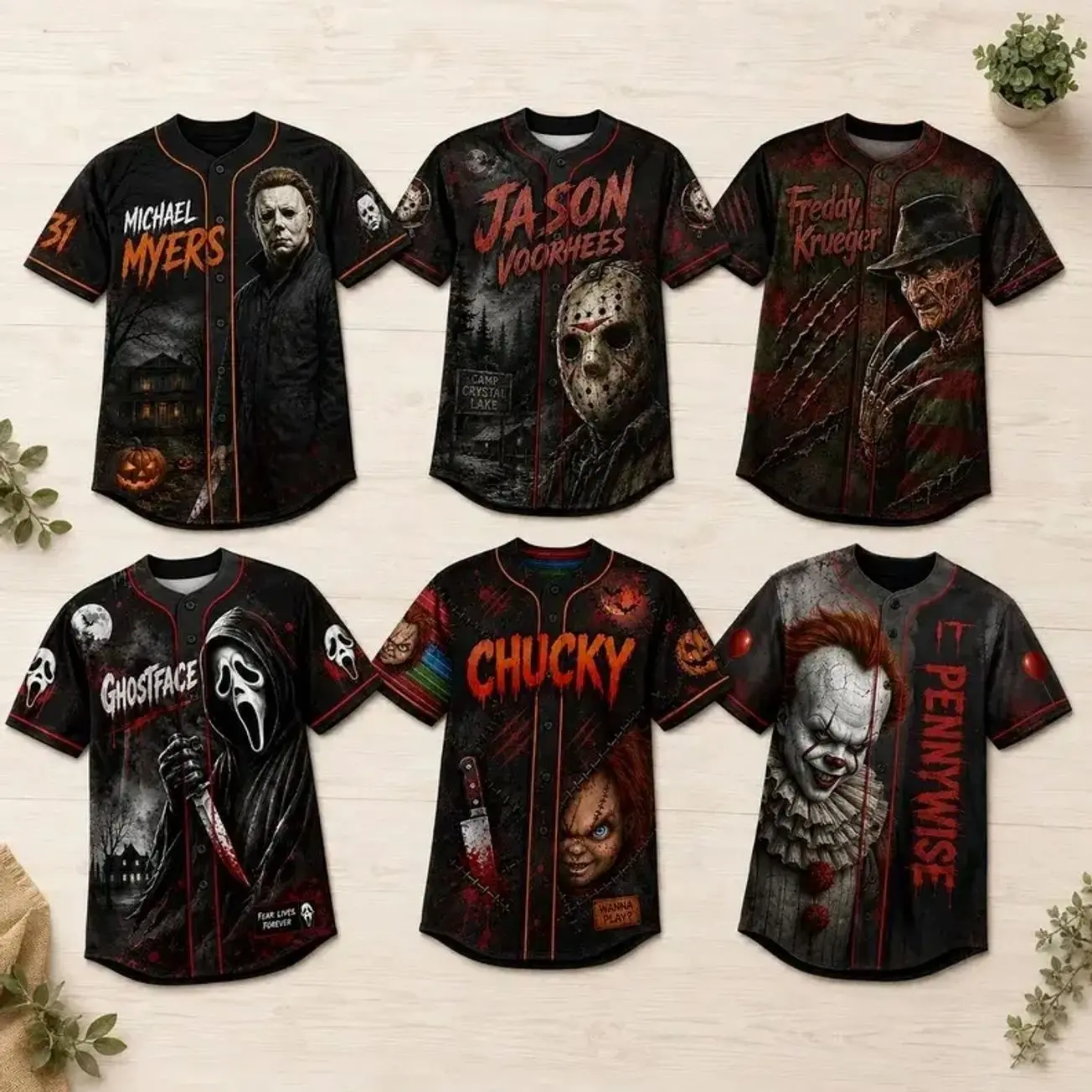 Horror Slasher Baseball Jersey, Classic Horror Movie Characters Shirt, Spooky Squad Halloween Uniform, Halloween party costumes, Halloween Gifts E5V