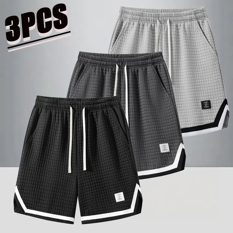 Men’s summer essential 3-pack waffle-textured casual shorts—daily commuter/casual style. Soft, skin-friendly, breathable waffle fabric keeps you cool and prevents sweat buildup. Drawstring waistband is loose and comfortable, not tight. Contrast piping add