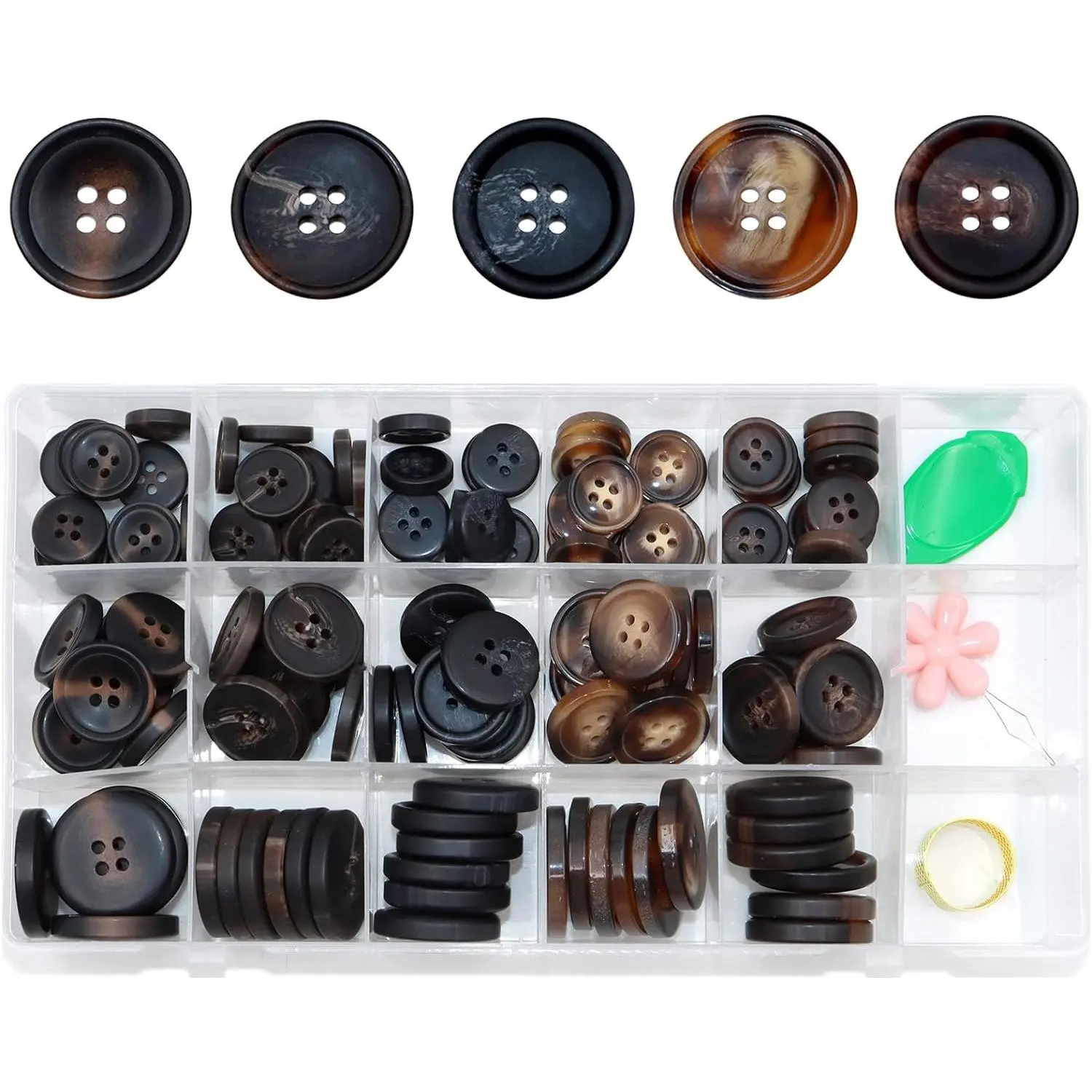 133 count Mixed Sewing Buttons, Round  Button 4-Hole Craft Buttons, with Storage Box Threader Thimble, Buttons for Sewing, DIY Craft and Decorations, 5 Styles 3 Sizes (Regular Models)