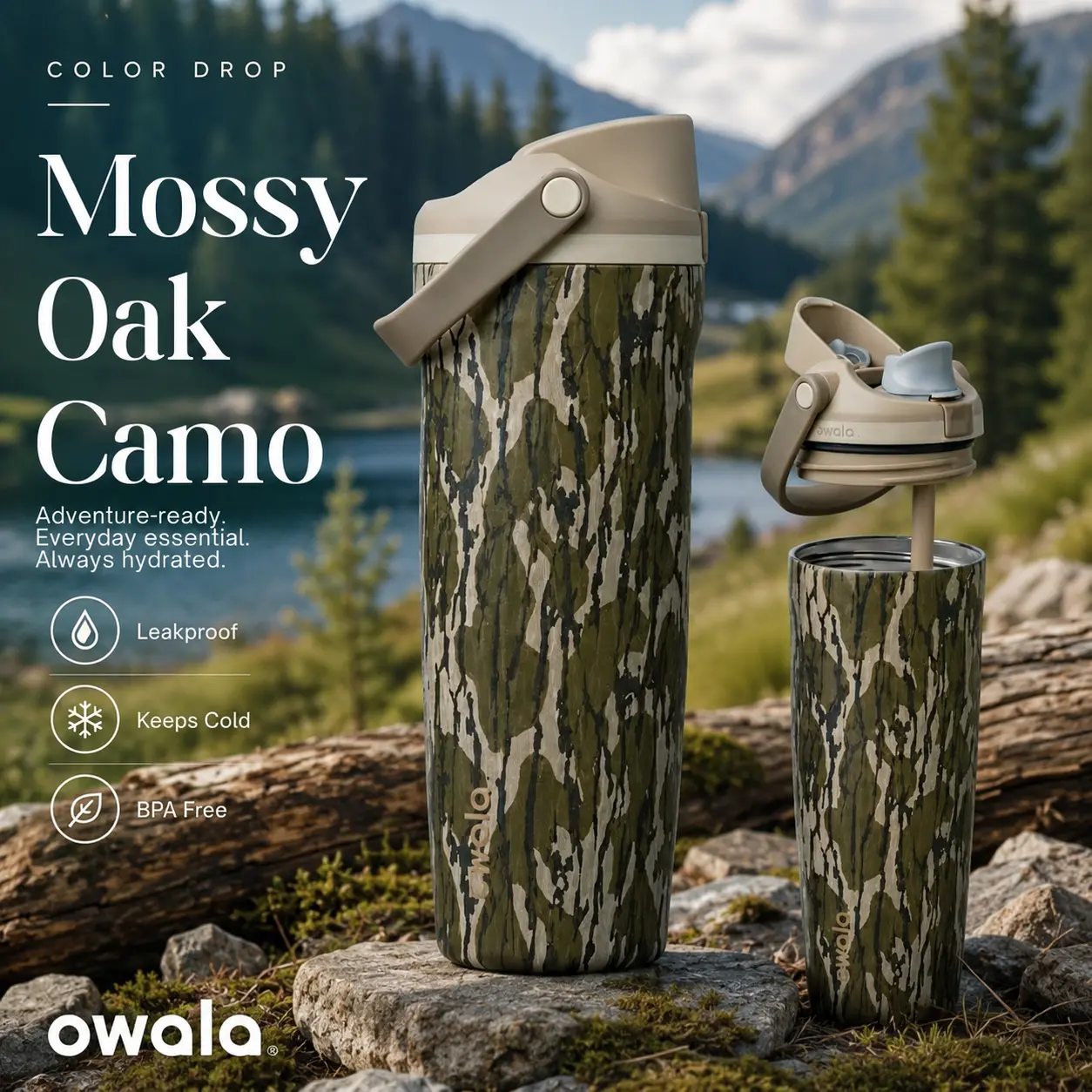 Owala FreeSip Mossy Oak Bottomland Insulated Stainless Steel Water Bottle with Straw, 32oz Triple Layer Vacuum Tumbler, Leak-Proof Sports Flask, Color Drop Camo Edition