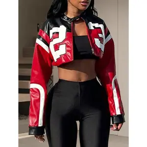 Women’s Leather Jacket Cropped Jacket Motorcycle Jacket Y2K Lettering Jacket Women’s Faux Leather Jacket Streetwear GIFT7