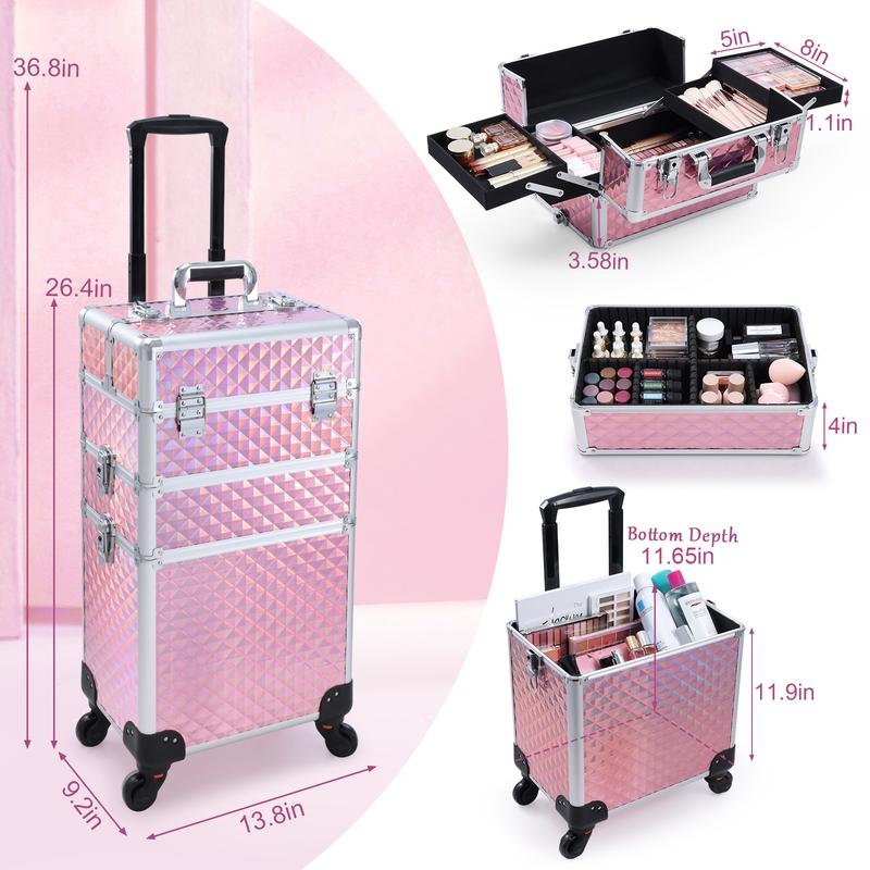 3 in 1 Rolling Makeup Train Case Large Cosmetic Trolley Salon Barber Case for Make Up Hairstylists Nail Tech Aluminum Makeup Trolley Case