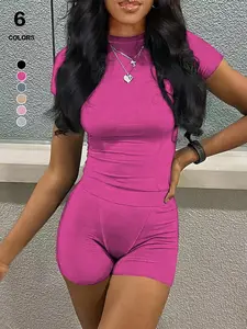 Women's Solid Color Workout Ribbed Top & Shorts Sweatsuit Set, Casual Comfortable Crew Neck T-Shirt & Shorts, Ideal for Sports, Leisure, Home Wear, Sporty Set