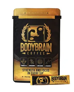 BodyBrain Mushroom Coffee with Lion's Mane, Ashwagandha, Tongkat Ali & L-Theanine | Freeze-Dried Colombian Nootropic Coffee for Focus and Energy, 30 Packets