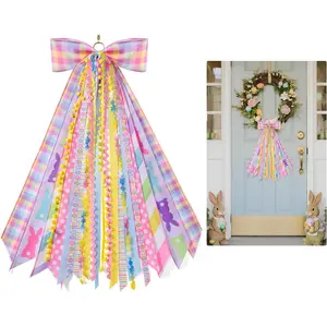 Easter Wreath Sash for Front Door Pastel Decorative Assorted Ribbon Bundle for Wreaths for Spring Easter Yard Porch Decor, 1 Pack