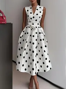 Polka Dot Dress 2026 Summer Vintage New Style, Women's Polka Dot Midi Dress, Sleeveless V Neck Wrap Bodycon a Line Dress Womenswear