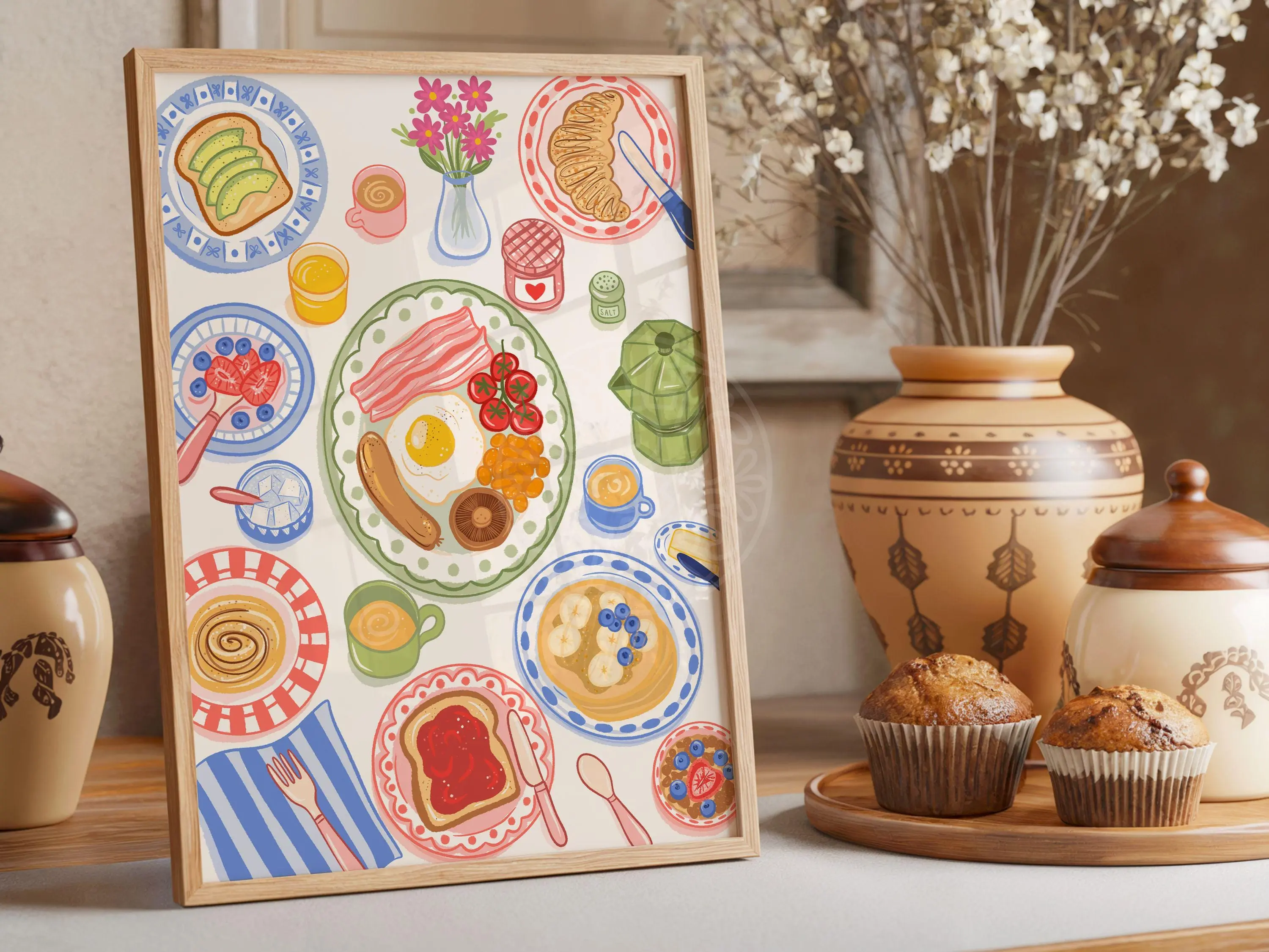 [ No Frame ] Breakfast Food Art Print | Colourful Pastel Kitchen Wall Decor, Hand Drawn Illustration