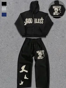 Hoodie Jacket Set with Religious Art Fusion Design, Casual Fashion with Unique Cultural Feel, Stylish for Daily Wear