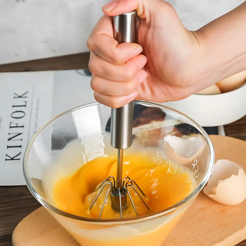 Stainless Steel Self-Twisting Semi-Automatic Whisk, Kitchen Utensil with Manual Push-Press Function, Handheld Mixer for Eggs and Cream